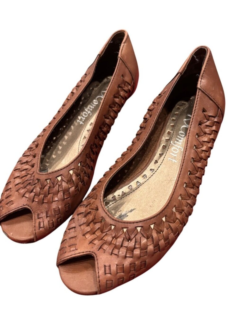 I❤Comfort Womens Brown Peep Toe Woven Leather Flats Size 5.5M